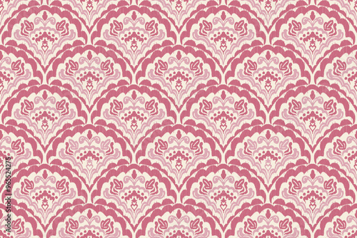 Ikat ethnic seigaiha fabric fish scales seamless pattern on background. geometric fish scales Seigaiha. for design ethnic seigaiha pattern fashion fabric design carpet, clothing, wrapping, wallpaper