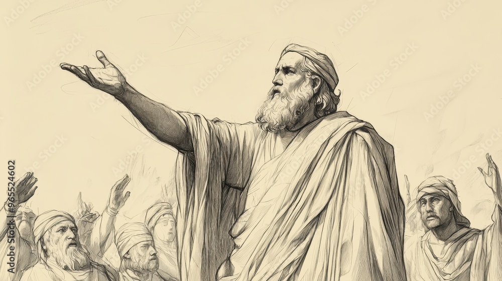 Fototapeta premium Biblical Illustration: Moses addressing the Israelites, emphasizing the importance of renewing their covenant with God. Deuteronomy scene, beige background, ideal for Bible wall art.