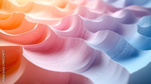 A modern 3D papercraft area chart, pastel-colored paper layers rising and overlapping, creating smooth curves between data points, soft lighting casting subtle shadows, detailed paper folds, photo