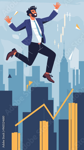 Smart Investor Leaping at Candlestick Chart Representing Profit and Risk Balance