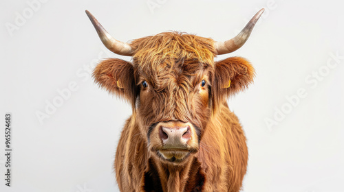 Brown highland cow cattle front view and looking forward isolated on white background