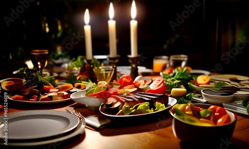 A beautifully arranged dinner table setting, complete with fresh food and candles casting a warm, inviting glow. This image exudes elegance and comfort, ideal for hospitality, lifestyle, or dining