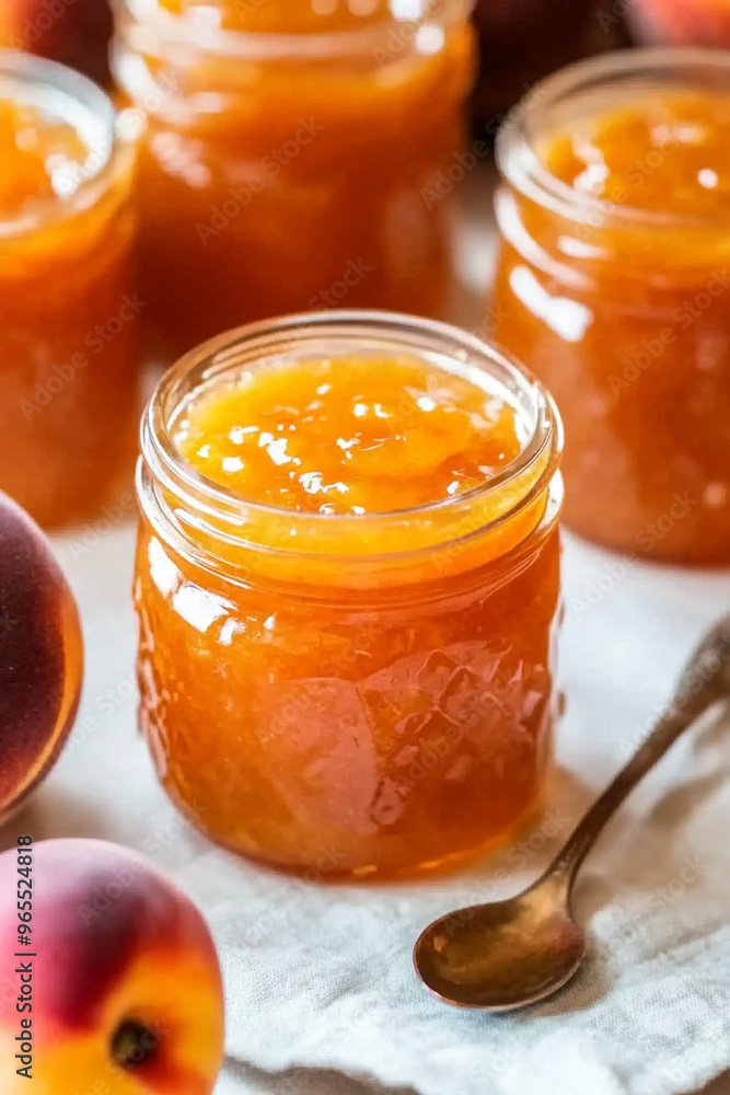 A jar of peach jam. Advertisement. A jar of peach jam. Advertisement.