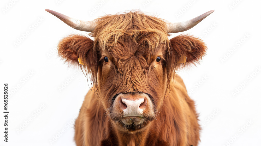 Brown highland cow cattle front view and looking forward isolated on white background Brown highland cow cattle front view and looking forward isolated on white background