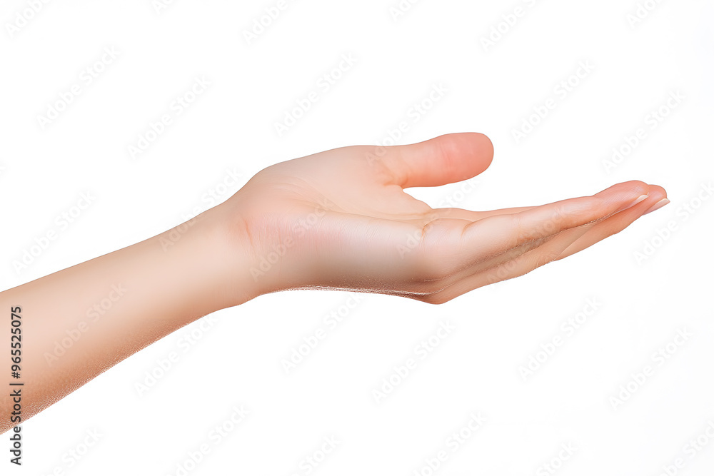 Female hand keeping empty cupped palm isolated on white background Female hand keeping empty cupped palm isolated on white background