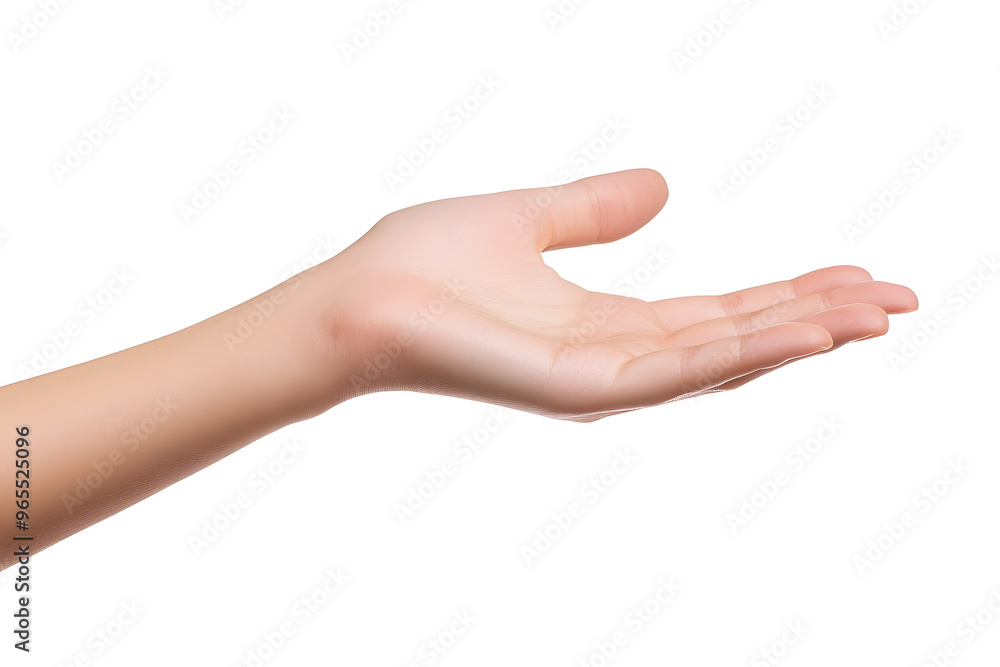 Female hand keeping empty cupped palm isolated on white background Female hand keeping empty cupped palm isolated on white background