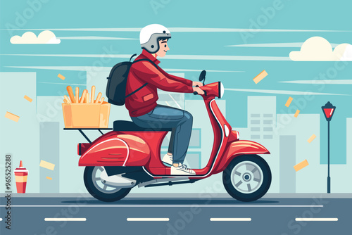 Speedy Deliveryman on Classic Moped Scooter Transporting Fast Food Order of Drink, Hamburger, and Fries