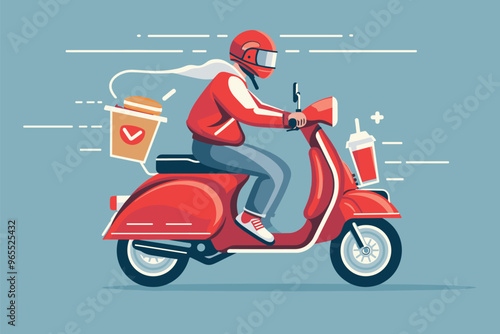 Speedy Deliveryman on Classic Moped Scooter Transporting Fast Food Order of Drink, Hamburger, and Fries