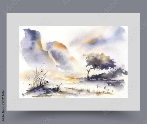 Picturesque autumn landscape with high mountains and sunset over swampy nature. Watercolor artwork with lonely tree growing on opposite bank of river or lake, during evening sunset