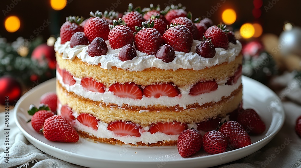 A traditional Japanese Christmas cake with layers of sponge, strawberries, and whipped cream, elegantly presented on a white porcelain plate, A traditional Japanese Christmas cake with layers of sponge, strawberries, and whipped cream, elegantly presented on a white porcelain plate,