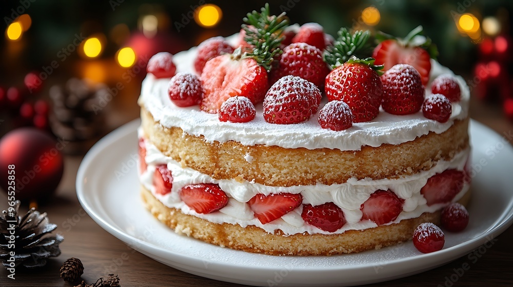 A traditional Japanese Christmas cake with layers of sponge, strawberries, and whipped cream, elegantly presented on a white porcelain plate, A traditional Japanese Christmas cake with layers of sponge, strawberries, and whipped cream, elegantly presented on a white porcelain plate,