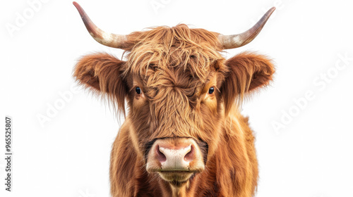 Brown highland cow cattle front view and looking forward isolated on white background