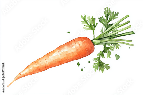 A vibrant orange carrot with green leafy tops, beautifully illustrated in watercolor style, showcasing its natural freshness and detail.