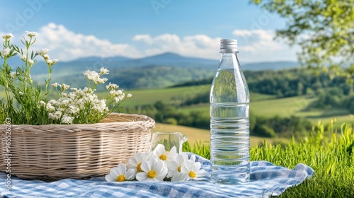 A bottle of mineral water on a picnic blanket, with a scenic countryside view and blue skies photo