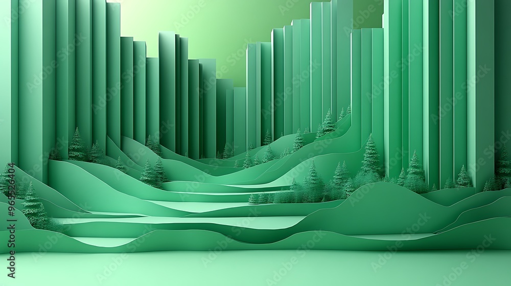 Obraz premium A modern 3D papercraft histogram, vertical bars of paper with varying heights, shades of green layered for depth, soft lighting enhancing shadows, intricate paper folds, clean and minimal background,