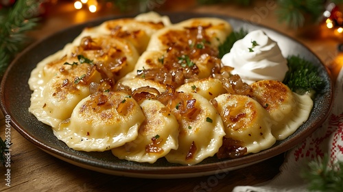 A traditional Polish holiday meal with a platter of pierogi filled with potatoes and cheese, served alongside sour cream, caramelized onions, and festive holiday decorations,