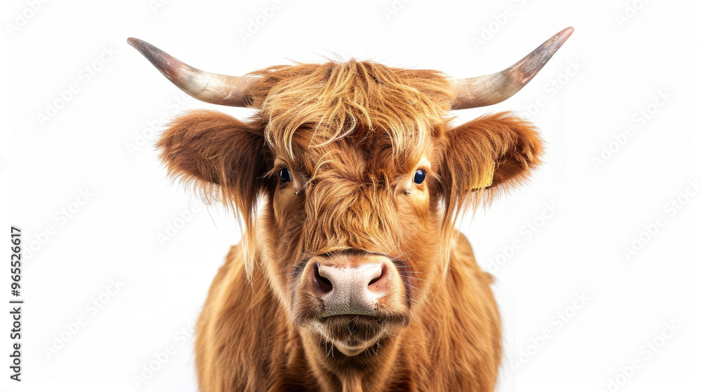 Brown highland cow cattle front view and looking forward isolated on white background Brown highland cow cattle front view and looking forward isolated on white background