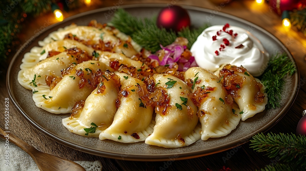 A traditional Polish holiday meal with a platter of pierogi filled with potatoes and cheese, served alongside sour cream, caramelized onions, and festive holiday decorations, A traditional Polish holiday meal with a platter of pierogi filled with potatoes and cheese, served alongside sour cream, caramelized onions, and festive holiday decorations,
