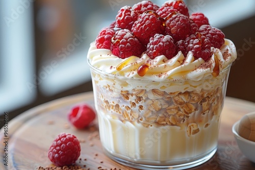 Scotland: Cranachan A dessert made with whipped cream, Scottish oats, raspberries, honey, and a splash of whisky, layered in a glass. photo