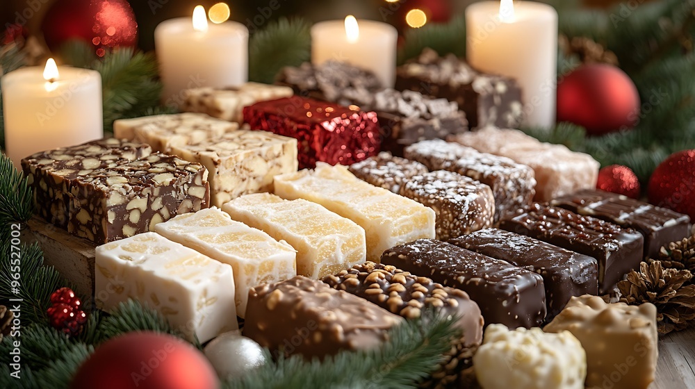 A traditional Spanish Christmas table featuring an assortment of turrón, from soft almond nougat to chocolate-covered varieties, surrounded by holiday decor like candles, pine branches, A traditional Spanish Christmas table featuring an assortment of turrón, from soft almond nougat to chocolate-covered varieties, surrounded by holiday decor like candles, pine branches,