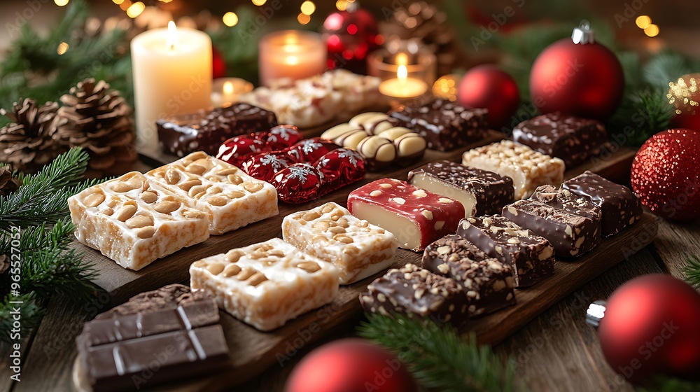 A traditional Spanish Christmas table featuring an assortment of turrón, from soft almond nougat to chocolate-covered varieties, surrounded by holiday decor like candles, pine branches,