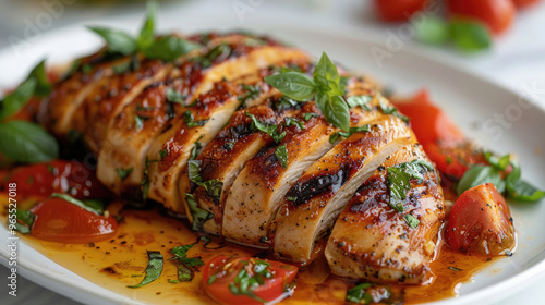 close-up chicken fillet meat cooked with tomatoes and green leaves on a clean white table in the kitchen