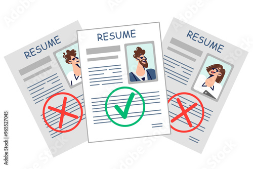 Paper resumes and cvs of candidates for vacant position with stamps of approval or refusal to hire