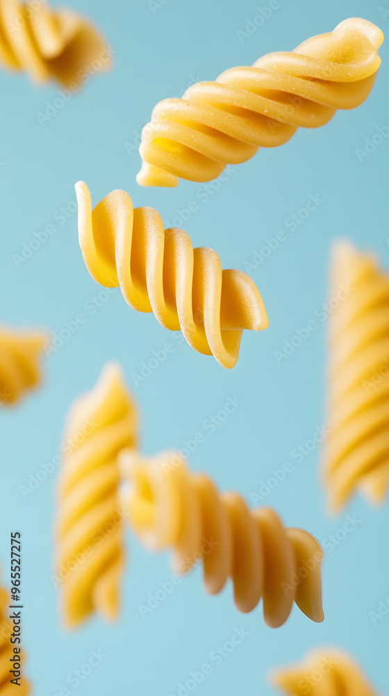 Dry pasta swirling in the air on blue background Dry pasta swirling in the air on blue background