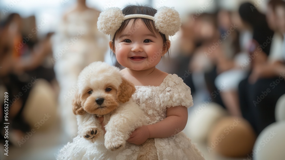 A joyful child in a fluffy dress cuddling a cute puppy, radiating happiness at a playful event. A joyful child in a fluffy dress cuddling a cute puppy, radiating happiness at a playful event.