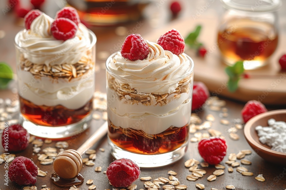 Scotland: Cranachan A dessert made with whipped cream, Scottish oats, raspberries, honey, and a splash of whisky, layered in a glass. Scotland: Cranachan A dessert made with whipped cream, Scottish oats, raspberries, honey, and a splash of whisky, layered in a glass.