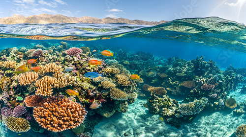 Underwater panorama with great variety of fish and coral