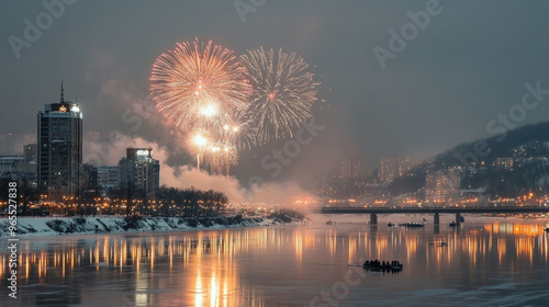 Fireworks over the New Year's city light up the sky, marking the beginning of 2025 in bright colors.