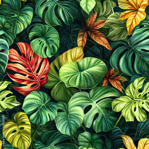 Wallpaper Mural A vibrant assortment of tropical leaves with varying shades of green, yellow, and red make up this lush botanical pattern, Perfect for nature-themed designs, backgrounds, or textile prints, Torontodigital.ca