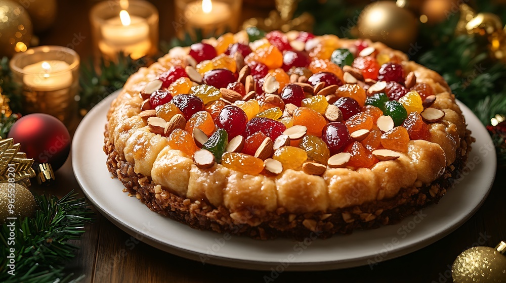 A vibrant Portuguese Bolo Rei, topped with jewel-like candied fruits and almonds, beautifully arranged on a festive holiday table with garlands, candles, and golden Christmas decorations, A vibrant Portuguese Bolo Rei, topped with jewel-like candied fruits and almonds, beautifully arranged on a festive holiday table with garlands, candles, and golden Christmas decorations,