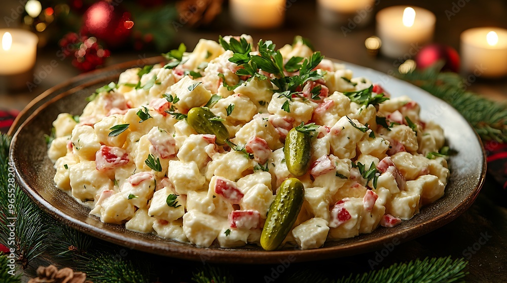 A vibrant serving of Russian Olivier salad, topped with fresh herbs and garnished with pickles, displayed on a festive holiday table with candles, pine branches, and Christmas ornaments, A vibrant serving of Russian Olivier salad, topped with fresh herbs and garnished with pickles, displayed on a festive holiday table with candles, pine branches, and Christmas ornaments,