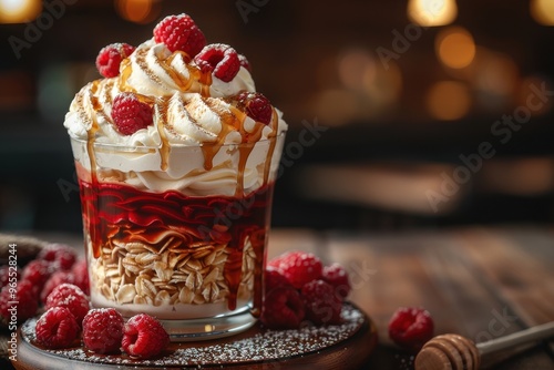 Scotland: Cranachan A dessert made with whipped cream, Scottish oats, raspberries, honey, and a splash of whisky, layered in a glass. photo