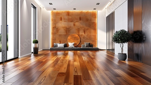 Crisp photograph of a modern living room with a sleek wooden floor and impressive wall decor. With copy space for text