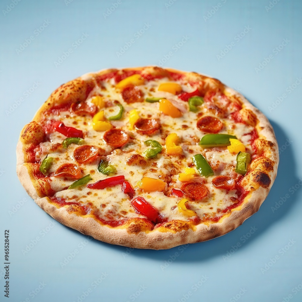 Delicious pepperoni pizza topped with colorful vegetables on a light blue background Delicious pepperoni pizza topped with colorful vegetables on a light blue background