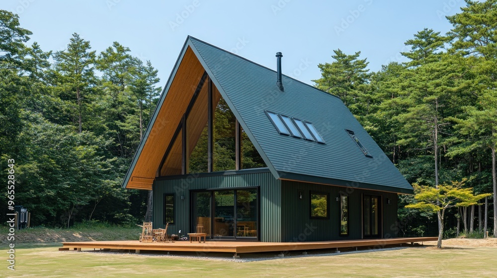 A modern, dark green, A-frame house with a wooden deck in front, surrounded by green trees.