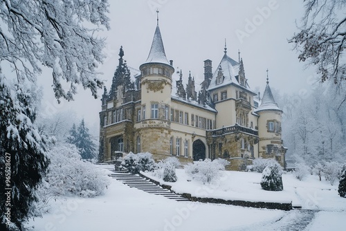 A stunning winter scene featuring a majestic castle surrounded by soft snow, capturing the beauty of a serene, frosty landscape.