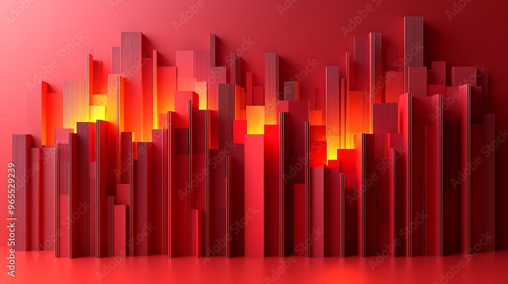 A sleek 3D papercraft histogram, vertical paper bars with staggered heights, layered in subtle shades of red, glowing soft light creating depth, realistic shadows, minimalist background, A sleek 3D papercraft histogram, vertical paper bars with staggered heights, layered in subtle shades of red, glowing soft light creating depth, realistic shadows, minimalist background,