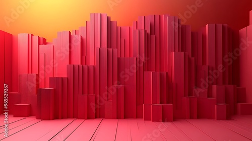 A sleek 3D papercraft histogram, vertical paper bars with staggered heights, layered in subtle shades of red, glowing soft light creating depth, realistic shadows, minimalist background,