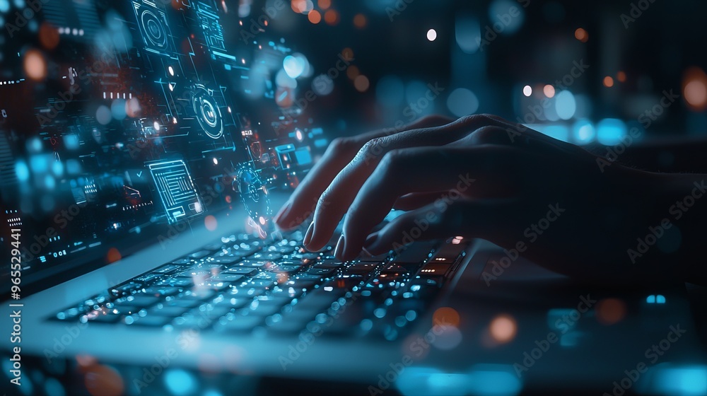 Close-up of hands on a laptop keyboard with digital holograms representing cybersecurity and data protection
