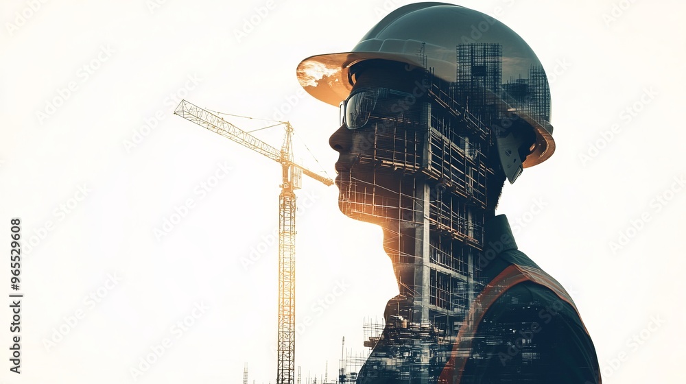 Profile of a construction worker with cranes and buildings layered in double exposure, symbolizing development Profile of a construction worker with cranes and buildings layered in double exposure, symbolizing development