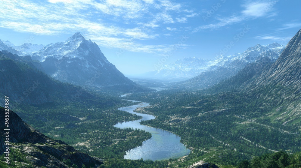 Breathtaking landscape featuring majestic mountains, a tranquil river, and vibrant greenery under a clear blue sky.