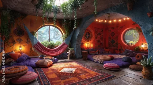 Obraz Beautifully decorated chill-out area at a psy trance festival, with hammocks and psychedelic art