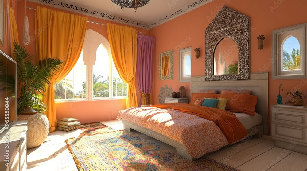 custom made wallpaper toronto digitalMoroccan style bedroom interior with a large bed, windows with patterned curtains and a large mirror.