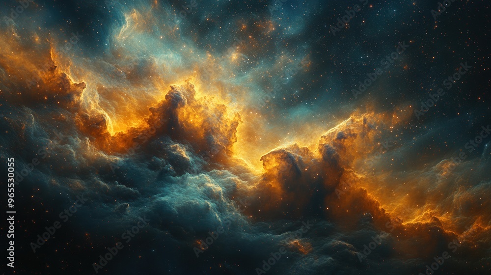 Fototapeta premium A breathtaking abstract visualization of a nebula with swirling colors and celestial bodies, evoking a sense of cosmic grandeur and wonder
