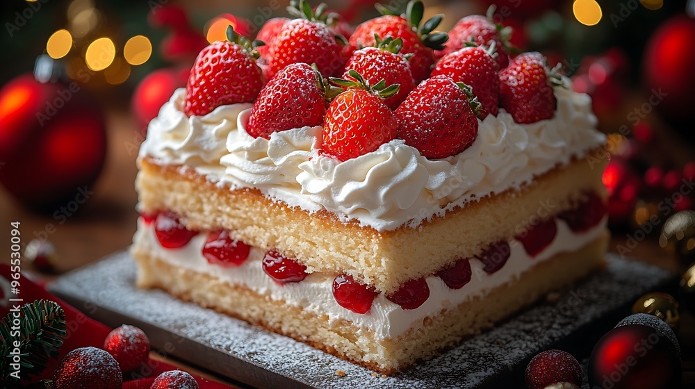 Close-up of a classic Japanese Christmas cake, showcasing its light sponge layers, whipped cream, and vibrant fresh strawberries on top, Close-up of a classic Japanese Christmas cake, showcasing its light sponge layers, whipped cream, and vibrant fresh strawberries on top,