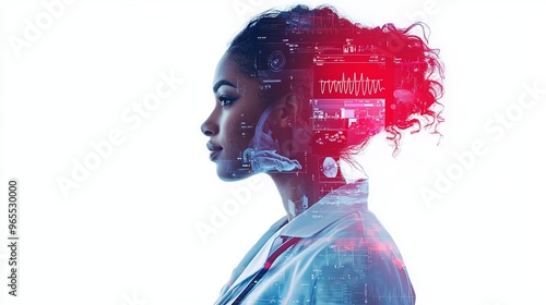 Female healthcare professional with technological elements in double exposure representing medical advancements
